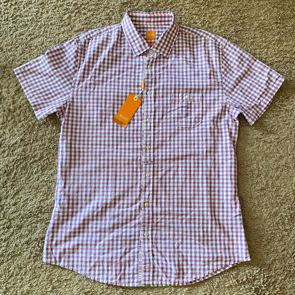 Hugo Boss orange tag plaid short sleeves men’s button up shirt slim fit XXL read